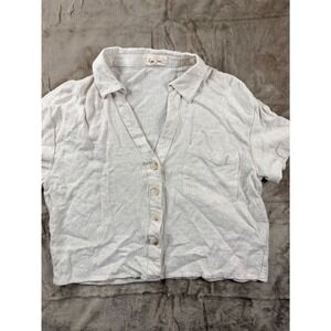 Love Notes Womens Short Sleeve Button  Cropped Linen Blend Shirt Boho Coastal